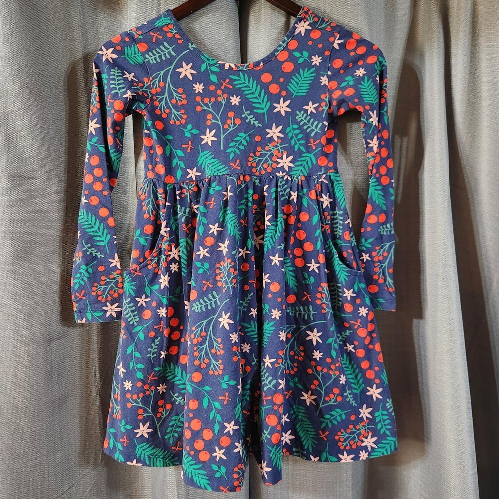 Hanna Andersson Girls Size 8 130cm Navy Floral Berry Long Sleeve Pocket Dress